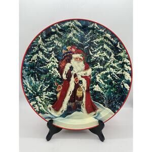 Vintage Red Metal Christmas Serving Tray Santa Christmas Tree Holiday 13”